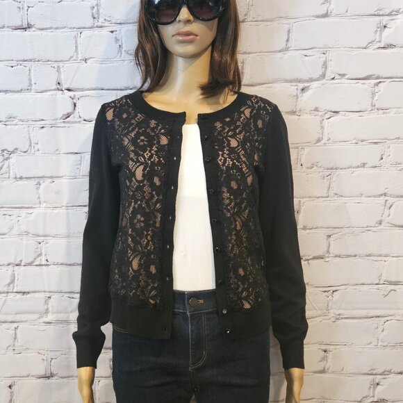 BANANA REPUBLIC black knit wool blend cardigan with front lace detailing - Picture 6 of 12